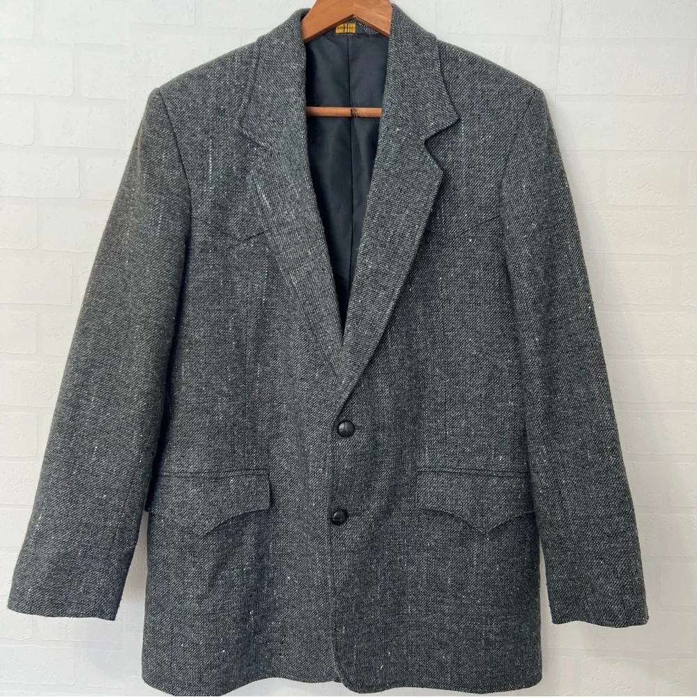 Vintage Pioneer Wear Western Rodeo Tweed Charcoal Men's Blazer Elbow Patches L
